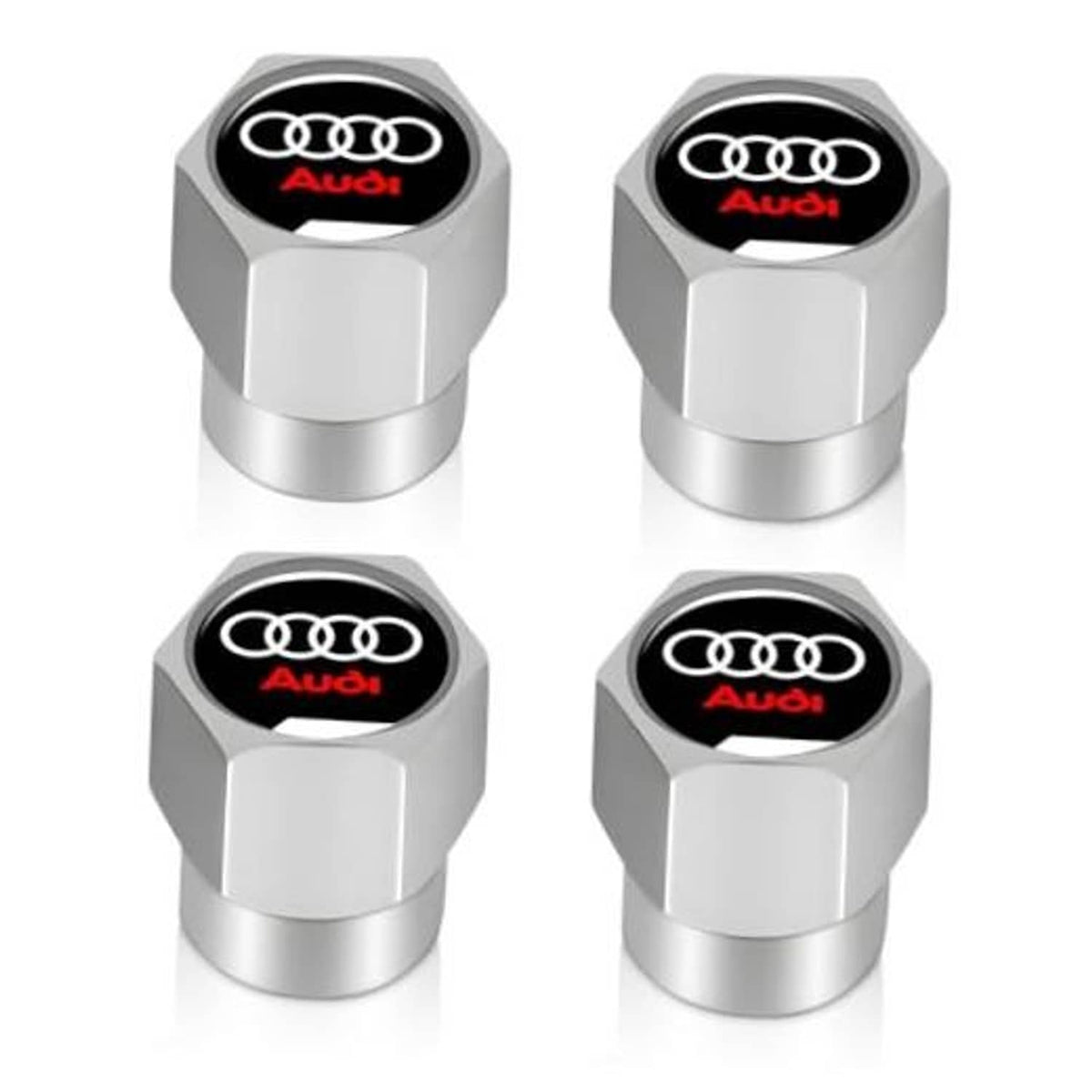 Silver metal tire valve stem caps with Audi logo on black inset