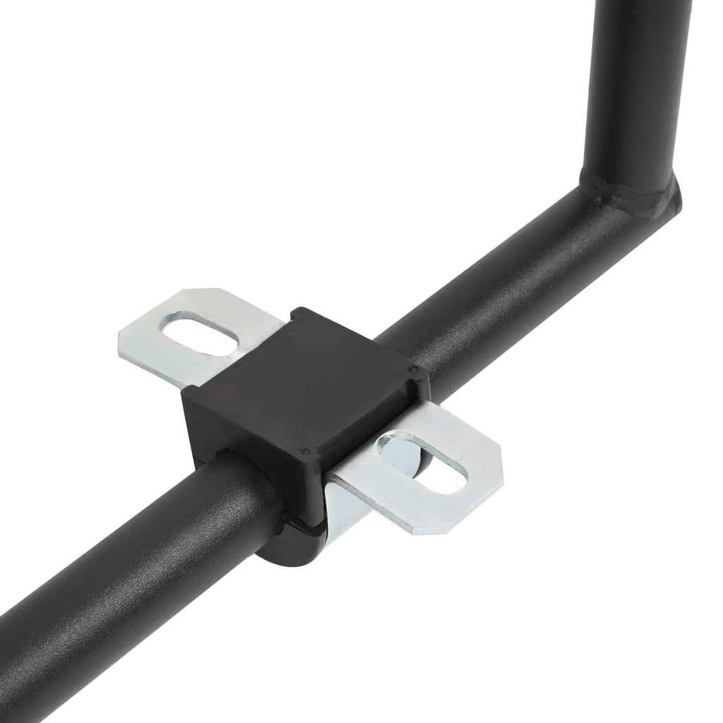 Steel sway bar anti-roll kit bracket with rubber isolator and mounting tabs on the bar