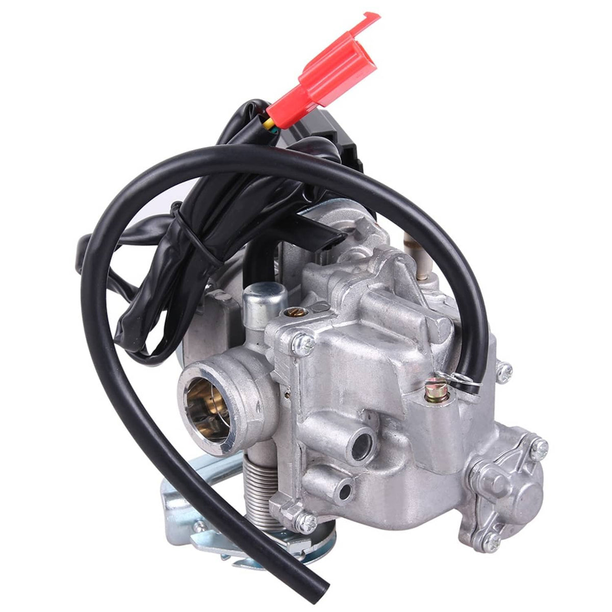 GY6-style carburetor with silver metal body, black hoses, and red electrical connector