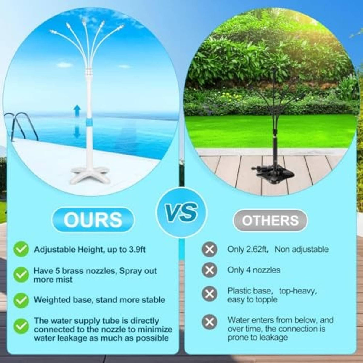 White mist sprayer stand with upward nozzle cluster for outdoor cooling