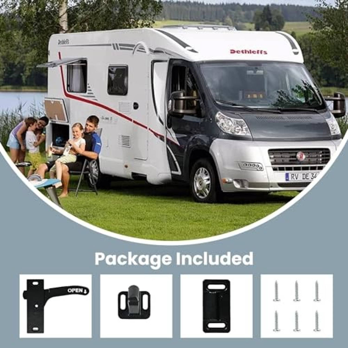 RV screen door lock replacement kit contents: handle, latch parts, mounting screws