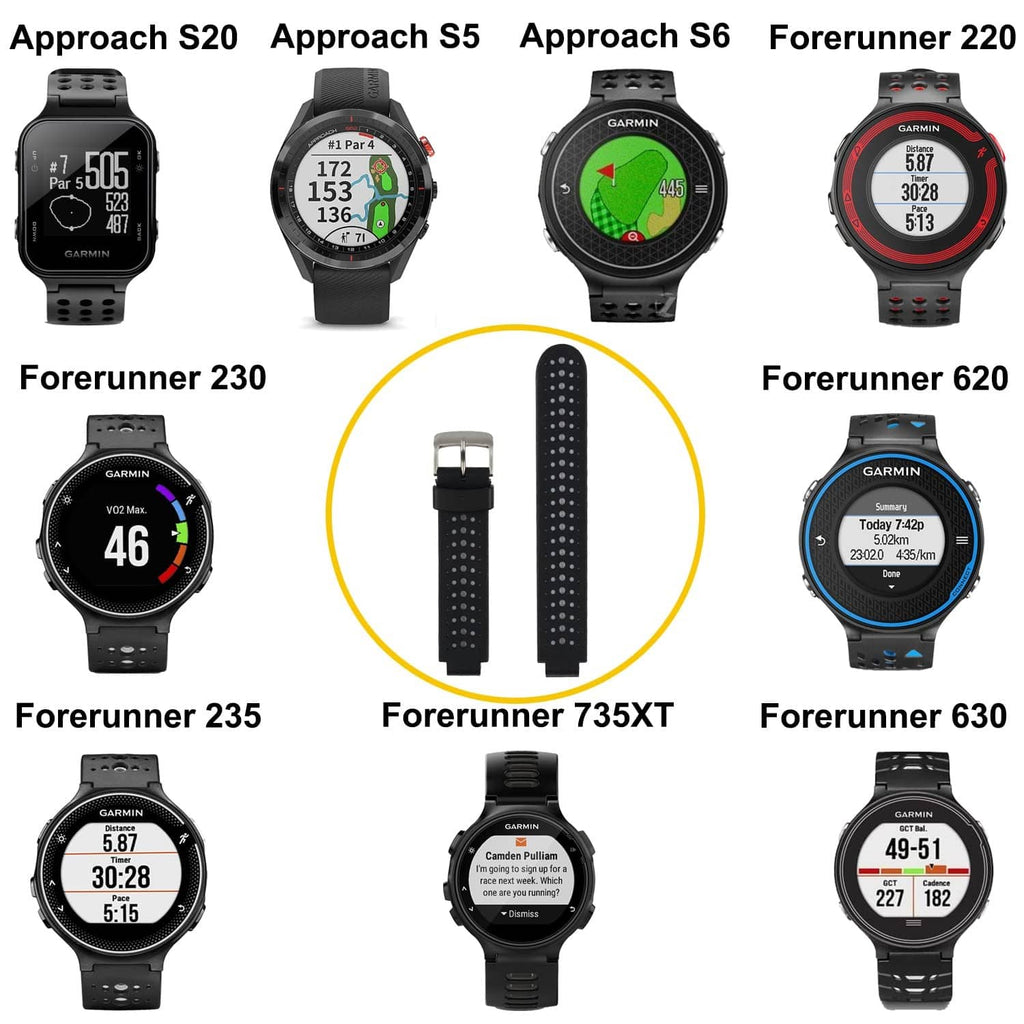 Black perforated watch band on Garmin smartwatch models, replacement strap