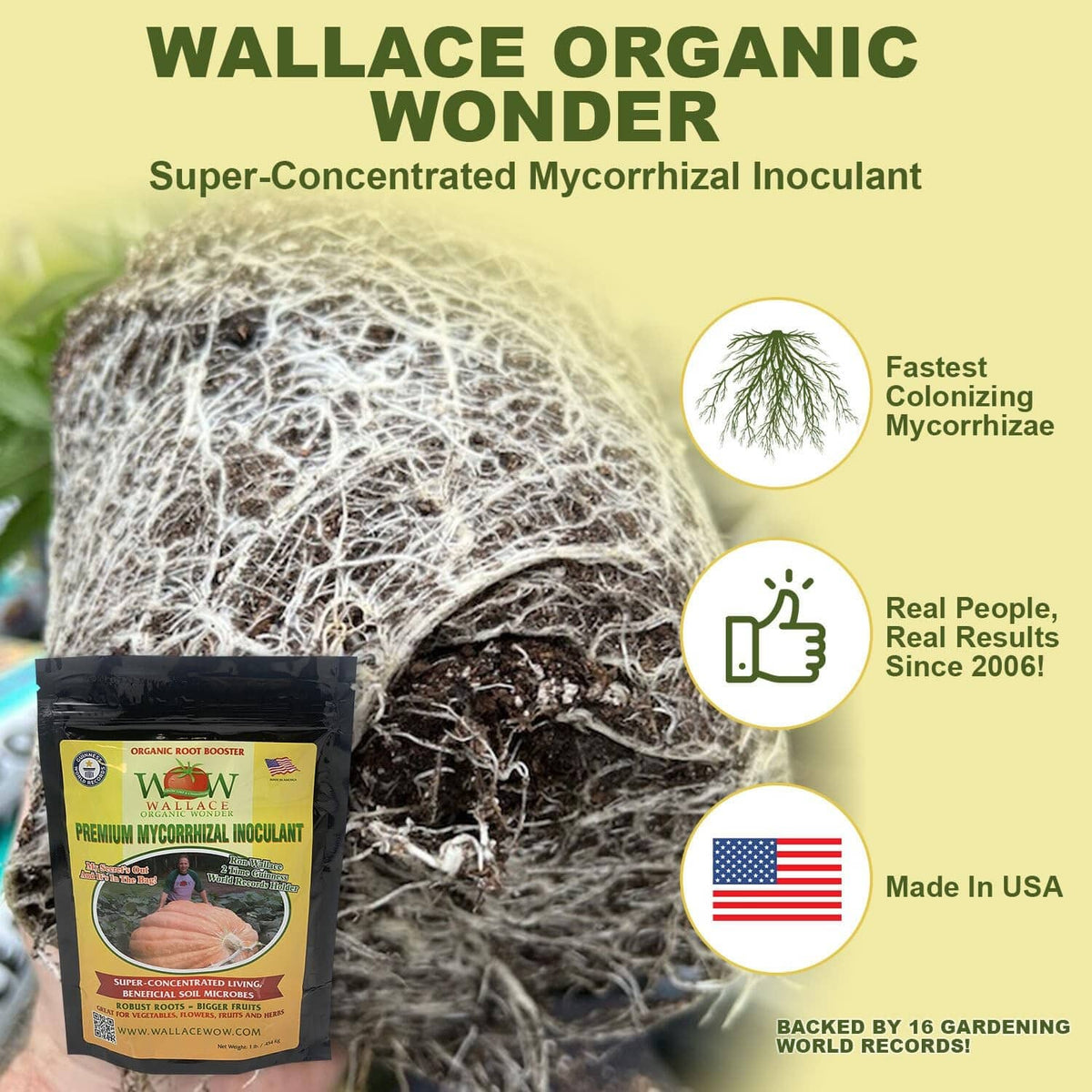 Mycorrhizal inoculant pouch shown beside dense white root fiber mat