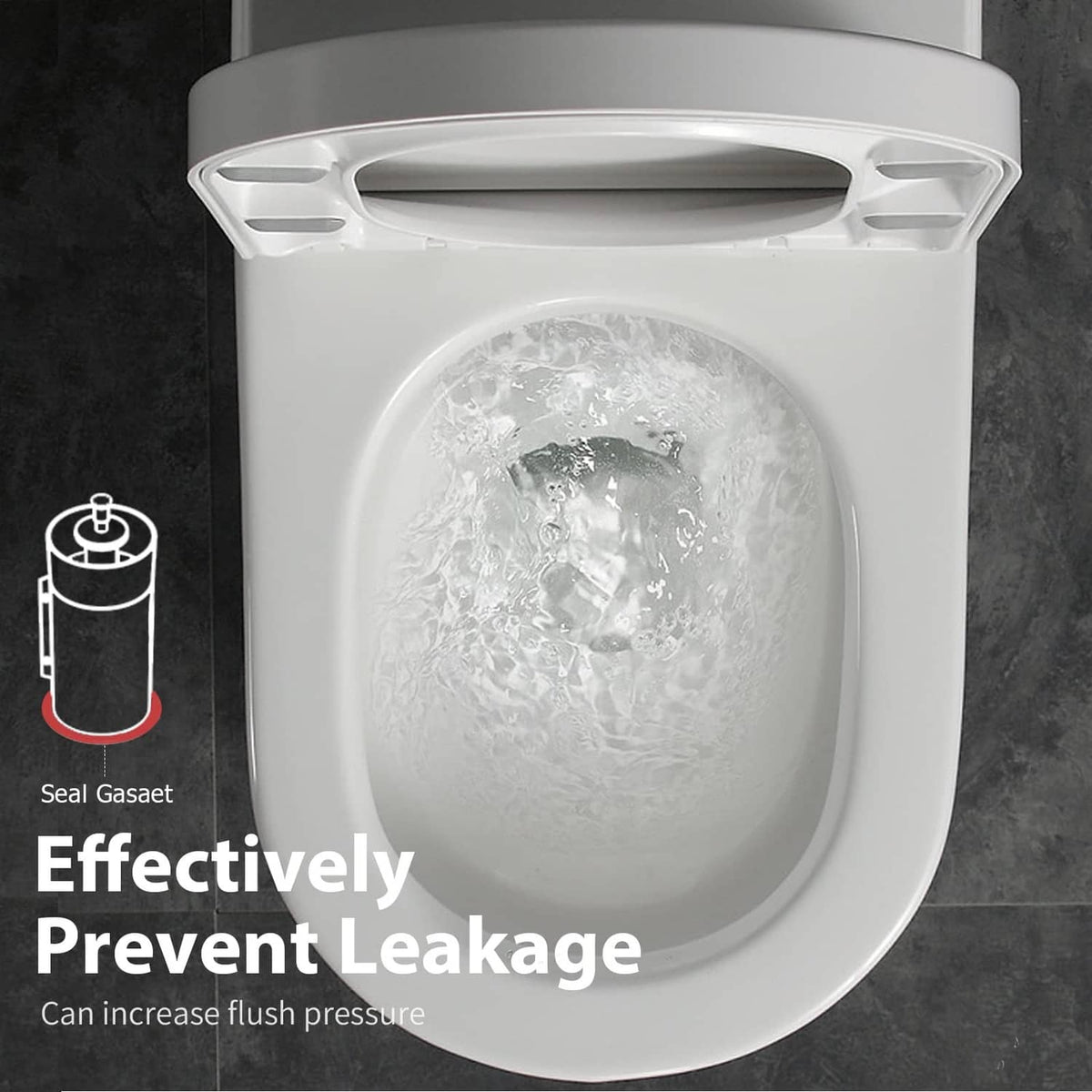 Toilet bowl with water fill, showing flush valve seal leak prevention