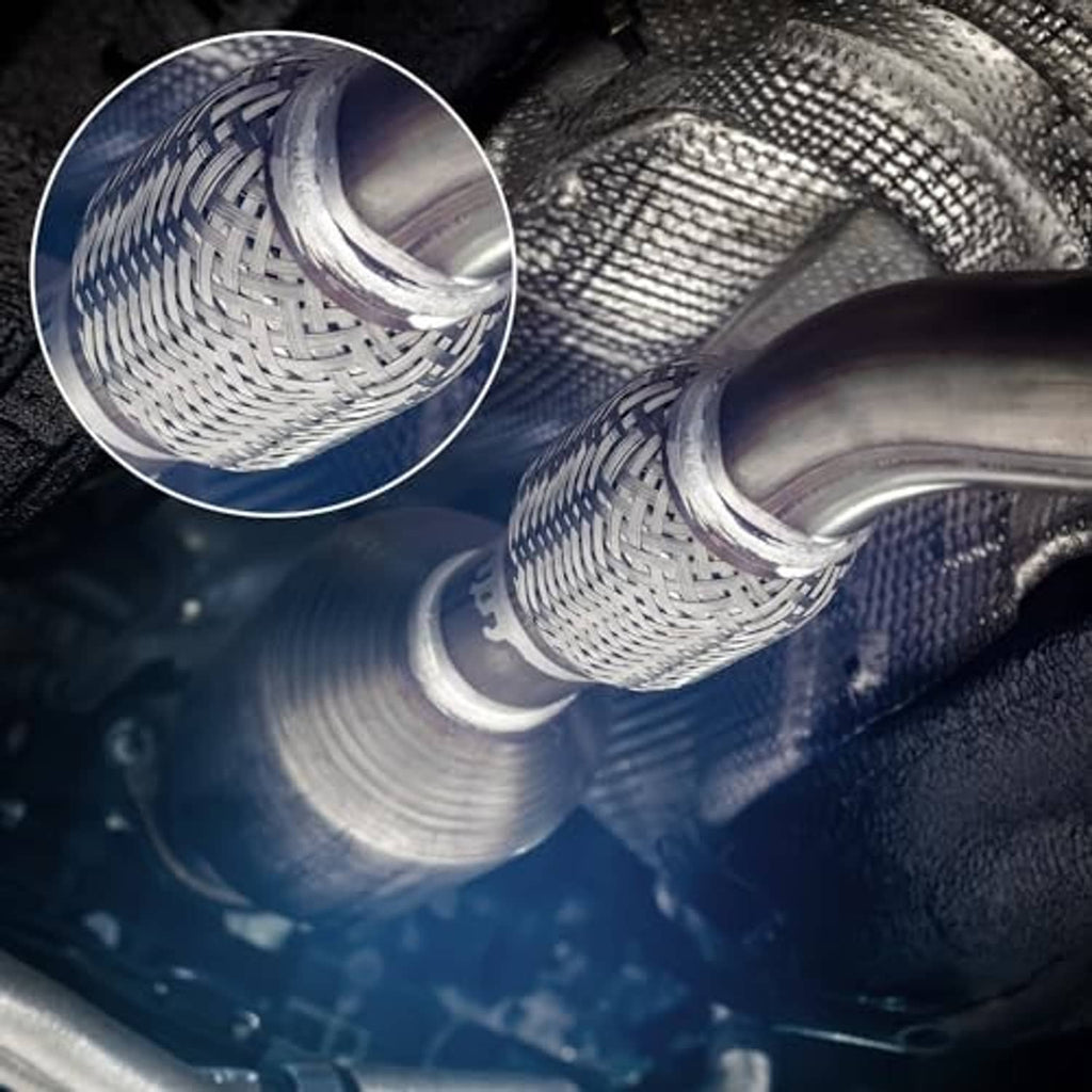 Stainless steel braided exhaust pipes installed underneath, showing joints