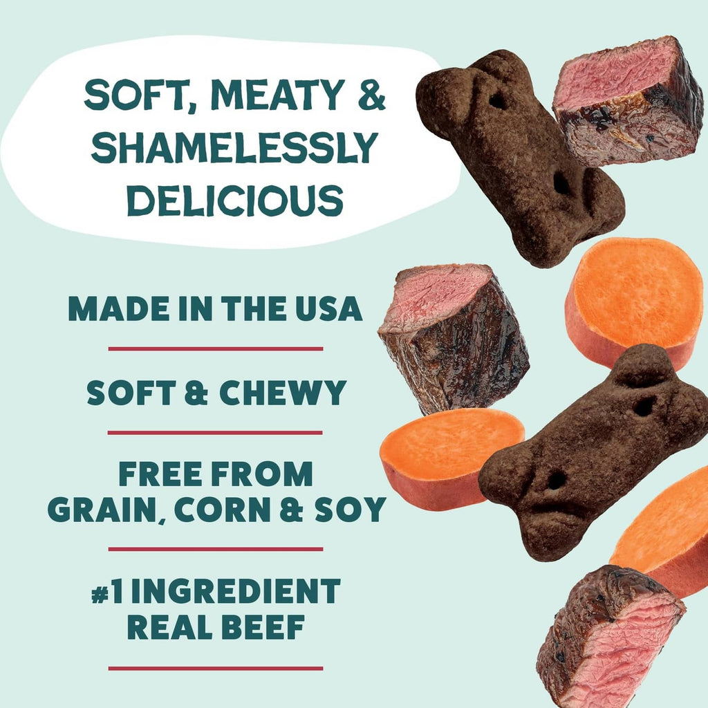 Beef dog treats shown as bones with orange sweet potato pieces; grain-free claim