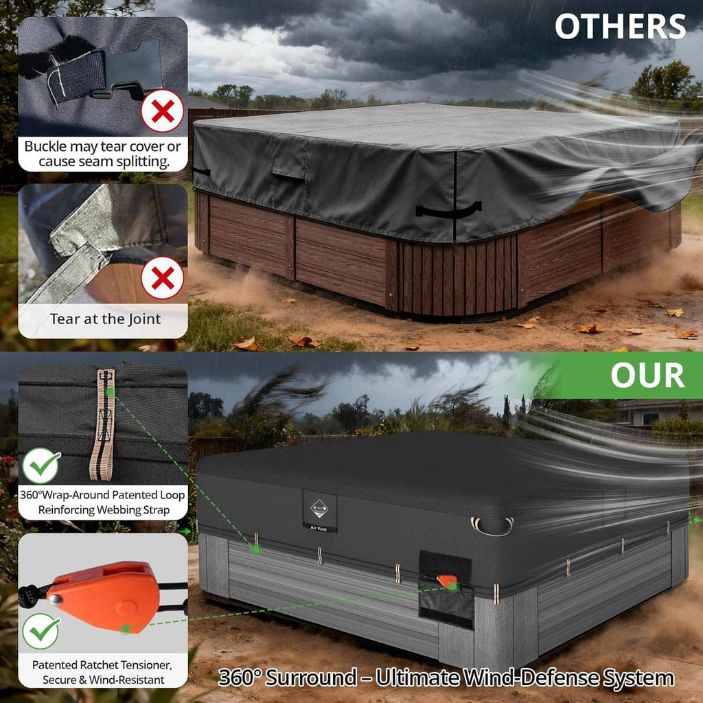 Black hot tub cover protector with wrap-around straps and reinforced edge seams