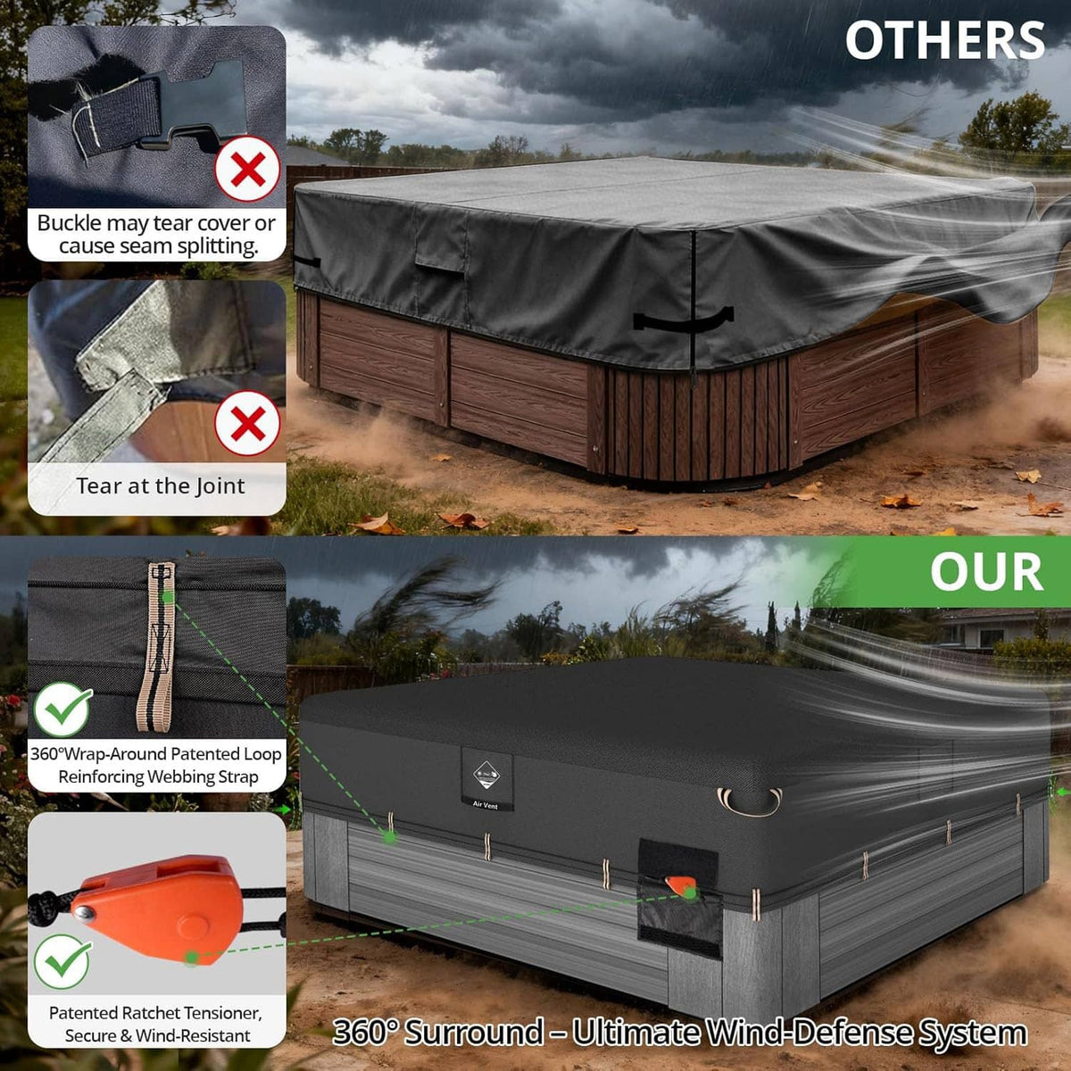 Black hot tub cover protector with wrap-around straps and reinforced edge seams