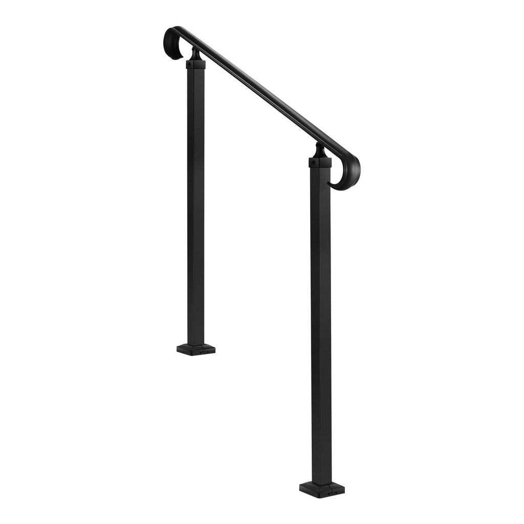 Black outdoor stair handrail with curved hand-grip rail and two vertical posts