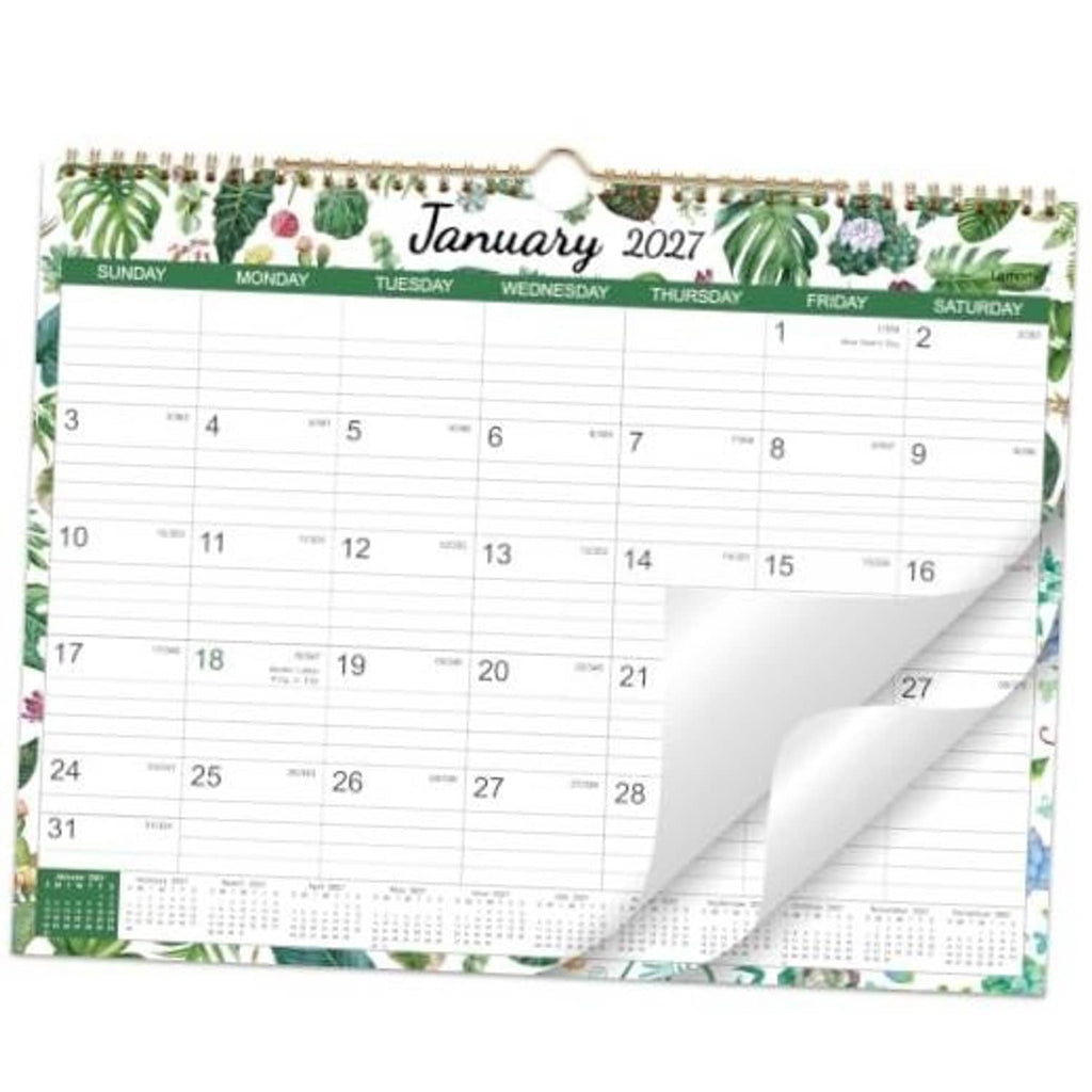 Wall calendar open to January 2027 with weekly grid, dates, and day-of-week headers
