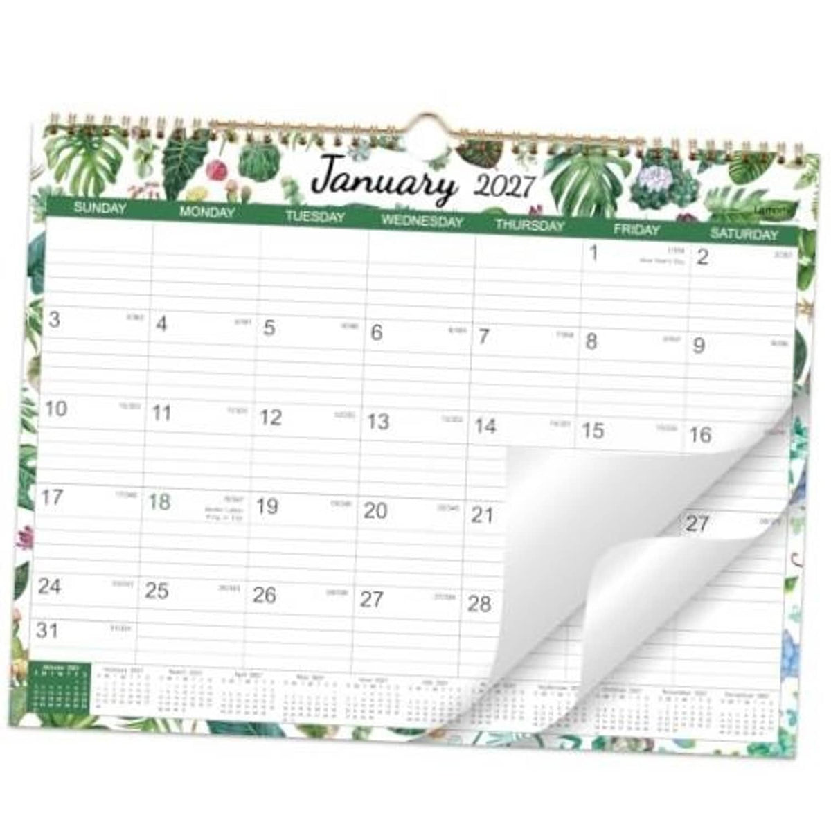Wall calendar open to January 2027 with weekly grid, dates, and day-of-week headers
