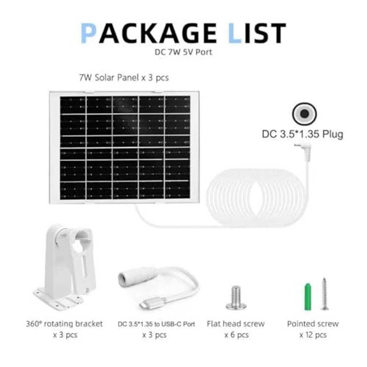 Solar panel package with 3 panels, mounting bracket, DC plug cable, and screws