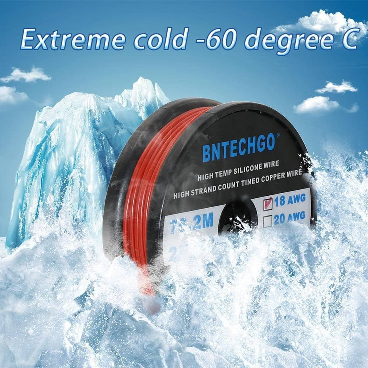 Red 18 AWG silicone insulated wire spool, black reel with red tinned copper wire