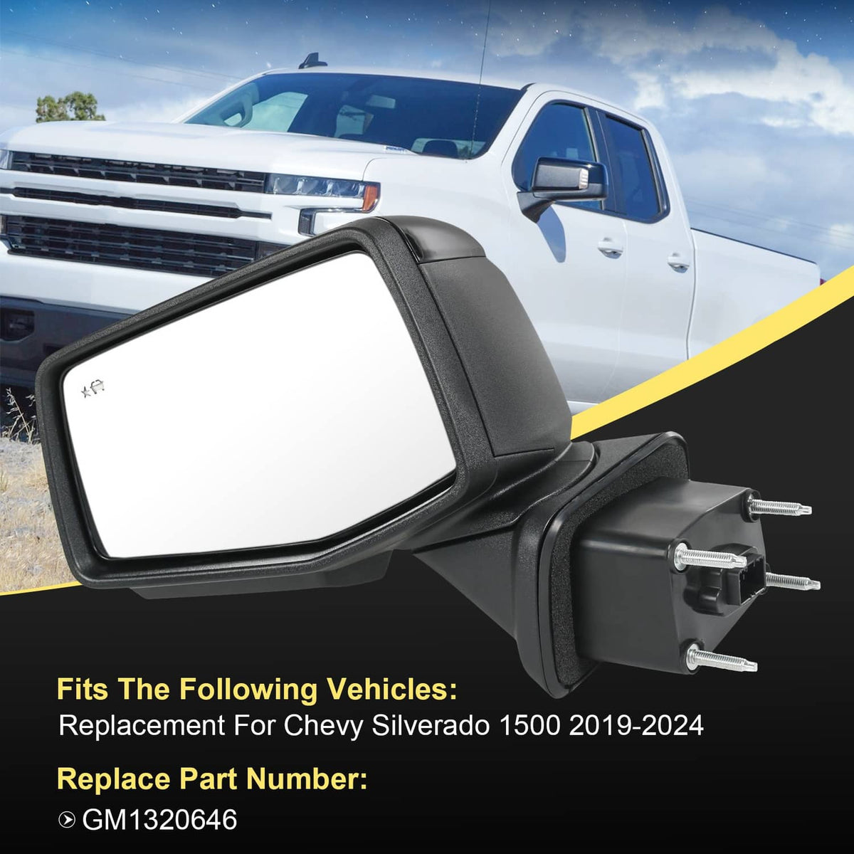 Black left driver-side mirror assembly with mounting hardware and indicator lens
