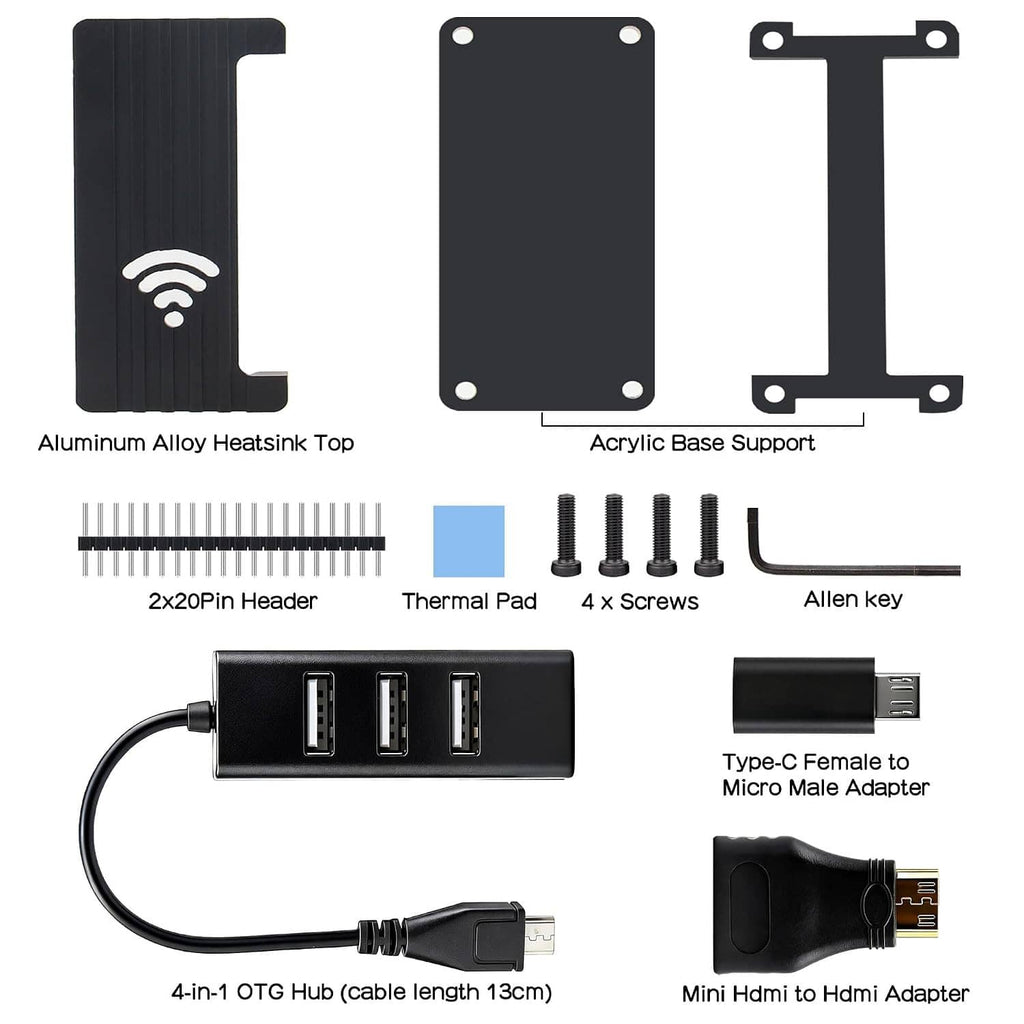Aluminum heatsink case kit parts set: heatsink top, acrylic base, header pins, adapters