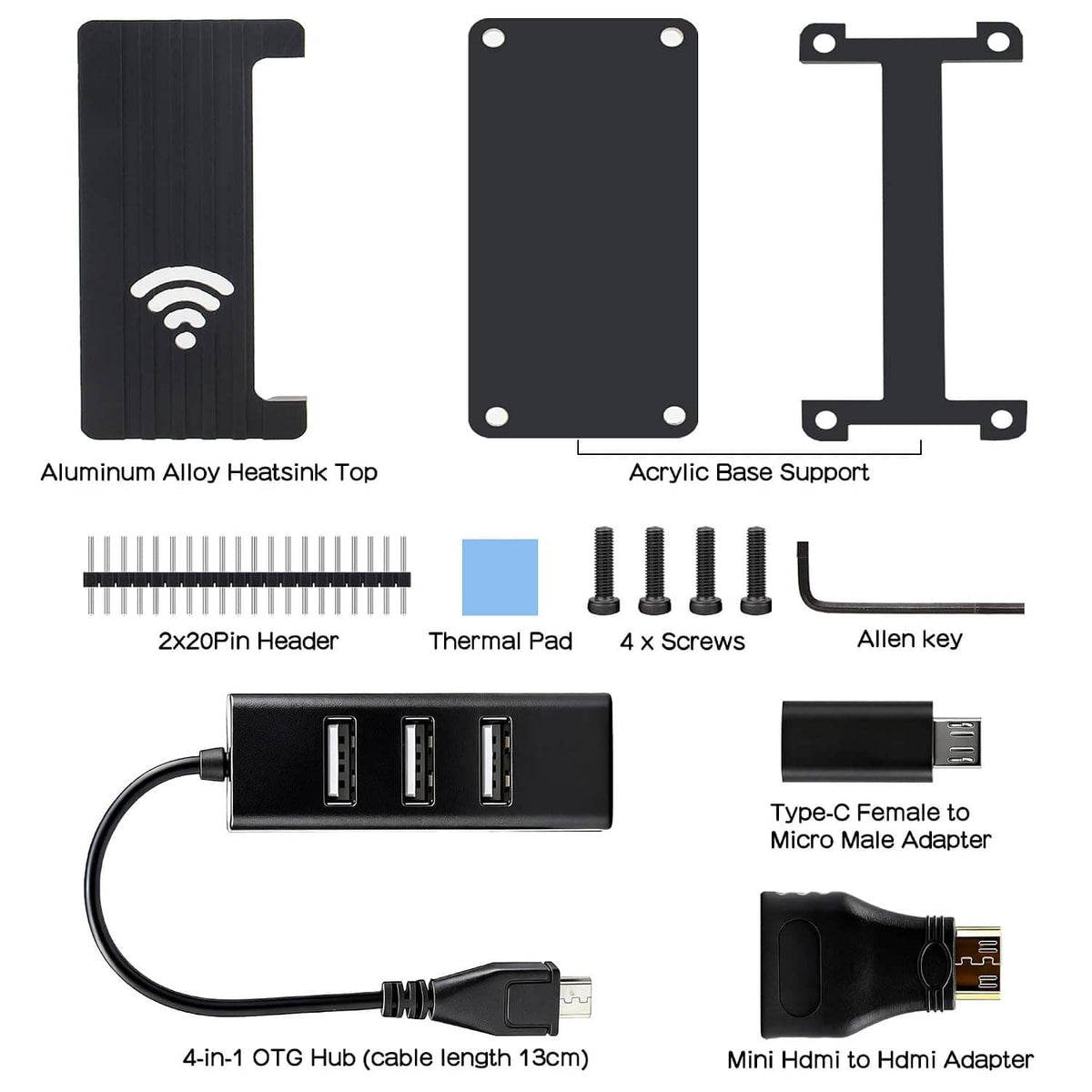Aluminum heatsink case kit parts set: heatsink top, acrylic base, header pins, adapters