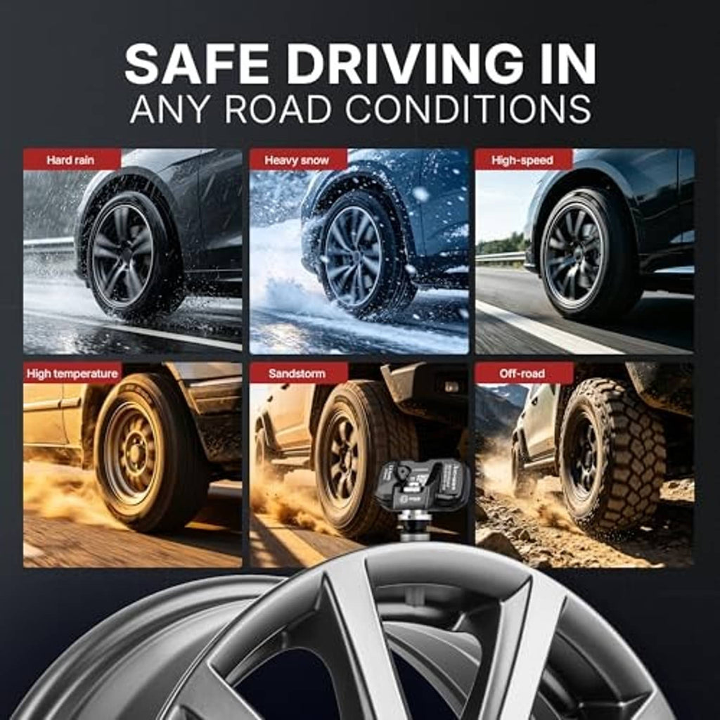 TPMS sensor on a wheel with driving-condition panels for rain, snow, and off-road
