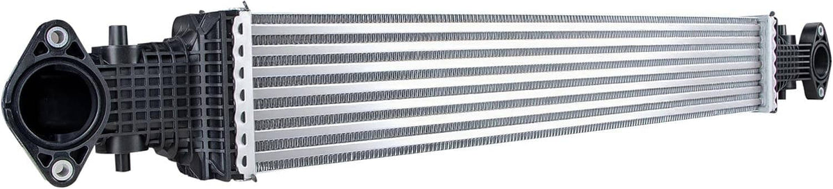 Turbo charge air intercooler with silver fin core and black plastic end tanks