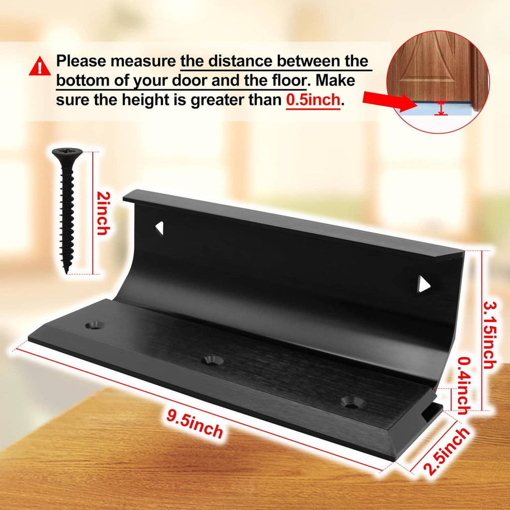 Black door brace barricade with base plate and upper barrier, size guides shown