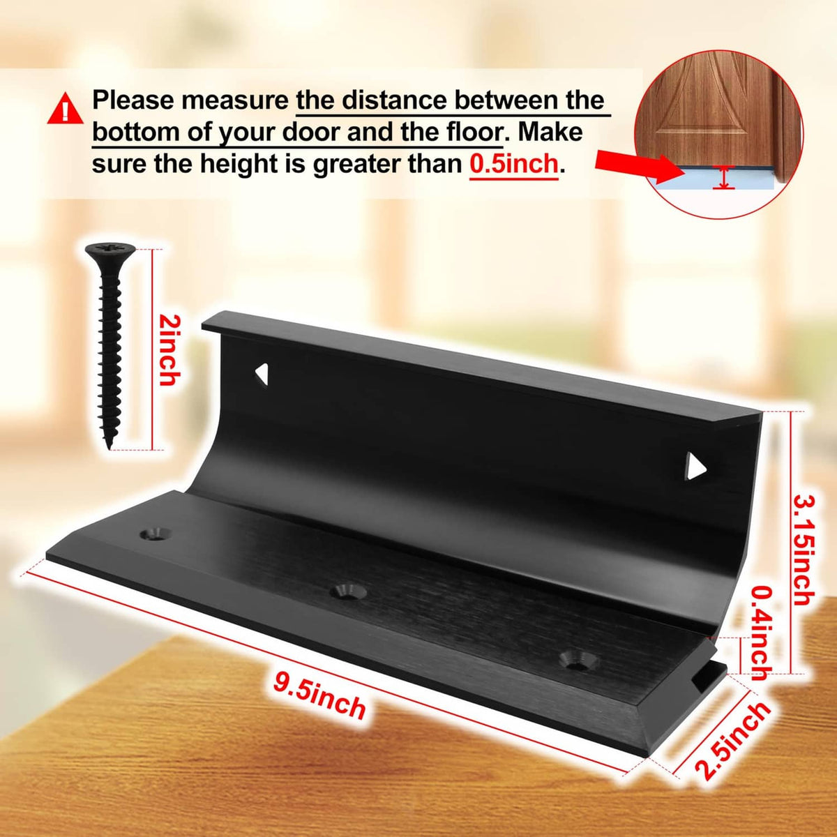 Black door brace barricade with base plate and upper barrier, size guides shown