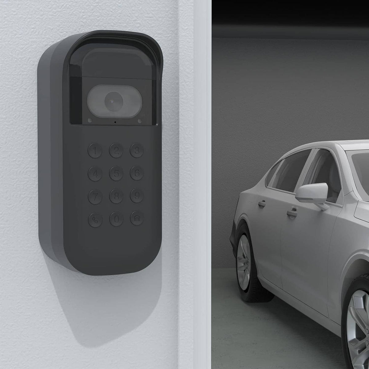 Black silicone cover for video keypad camera, wall mounted beside garage entrance