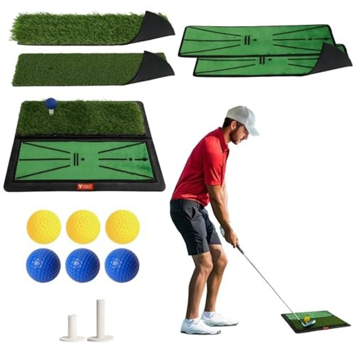 Golf hitting mat set with green turf panels, black backing, tees and ball included