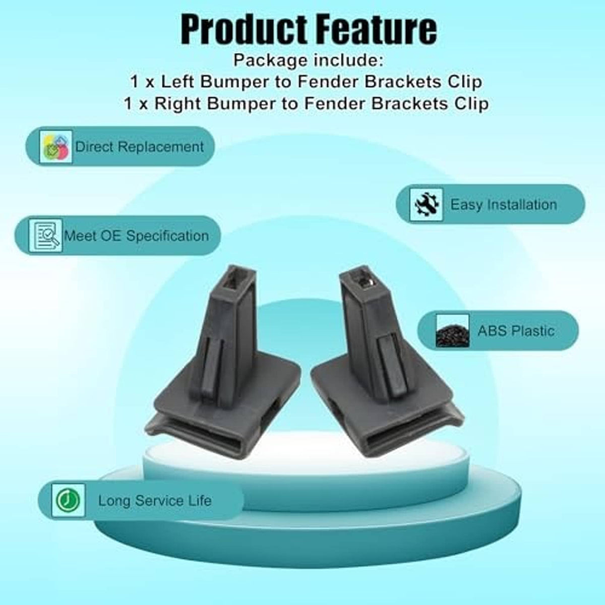 Bumper to fender bracket clips, dark gray ABS plastic, two-piece retainer set