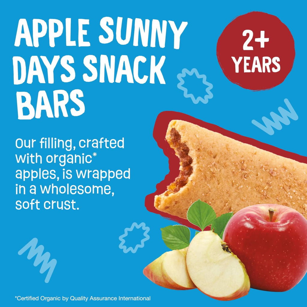 Apple sunny days snack bars graphic with organic apples, bar image, and 2+ years badge