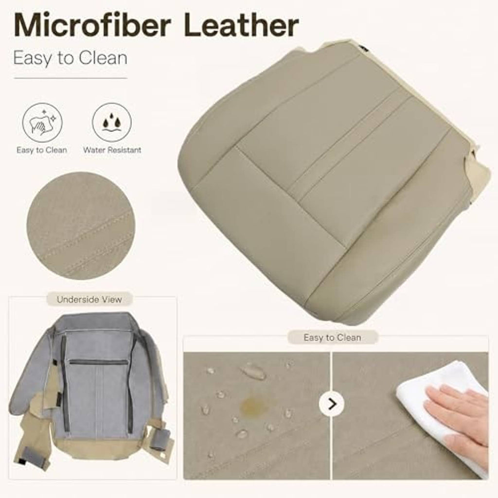 Tan microfibre leather seat bottom cover, driver side, textured fabric and stitched seams.