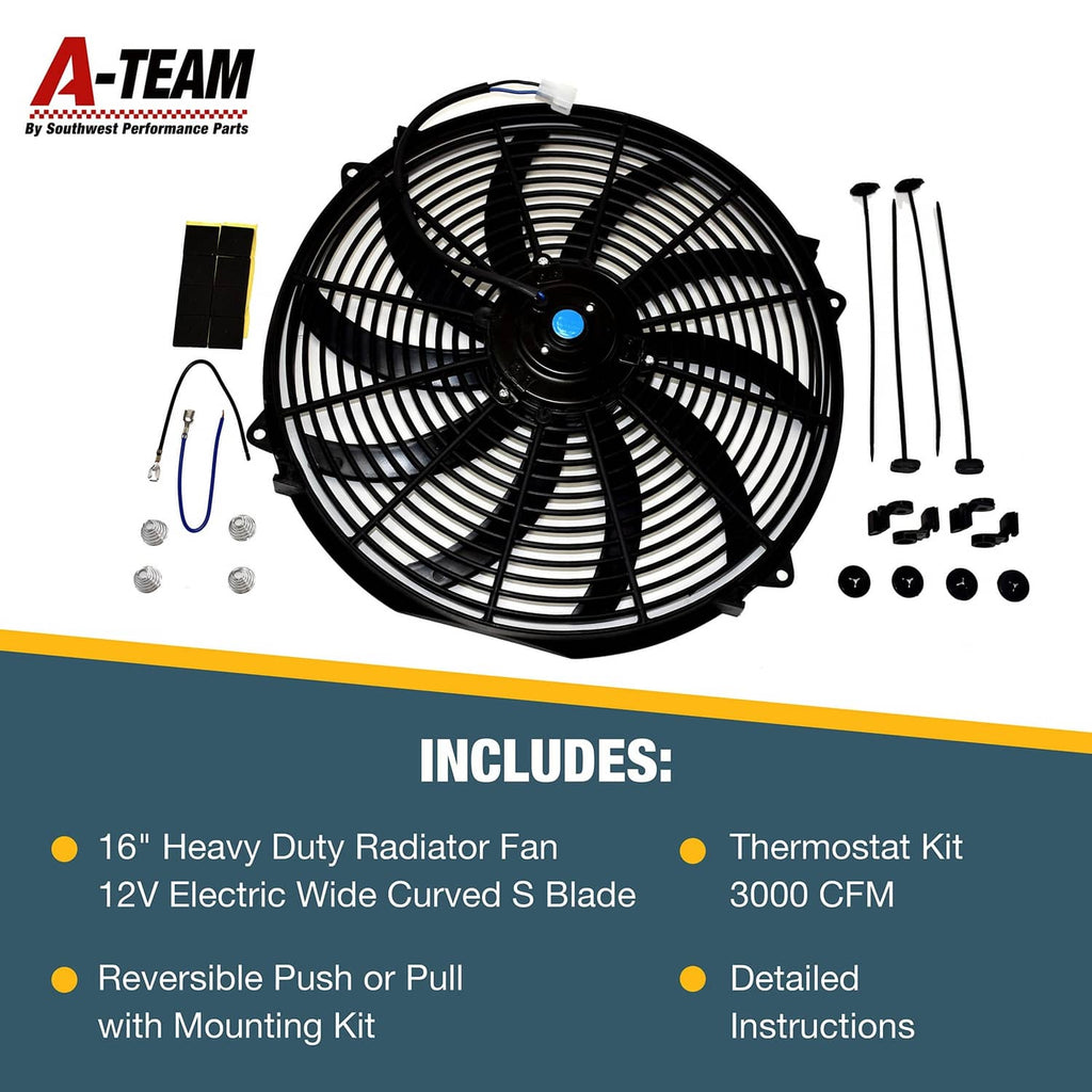 16 in electric radiator fan kit with reversible push-pull setup and mounting hardware