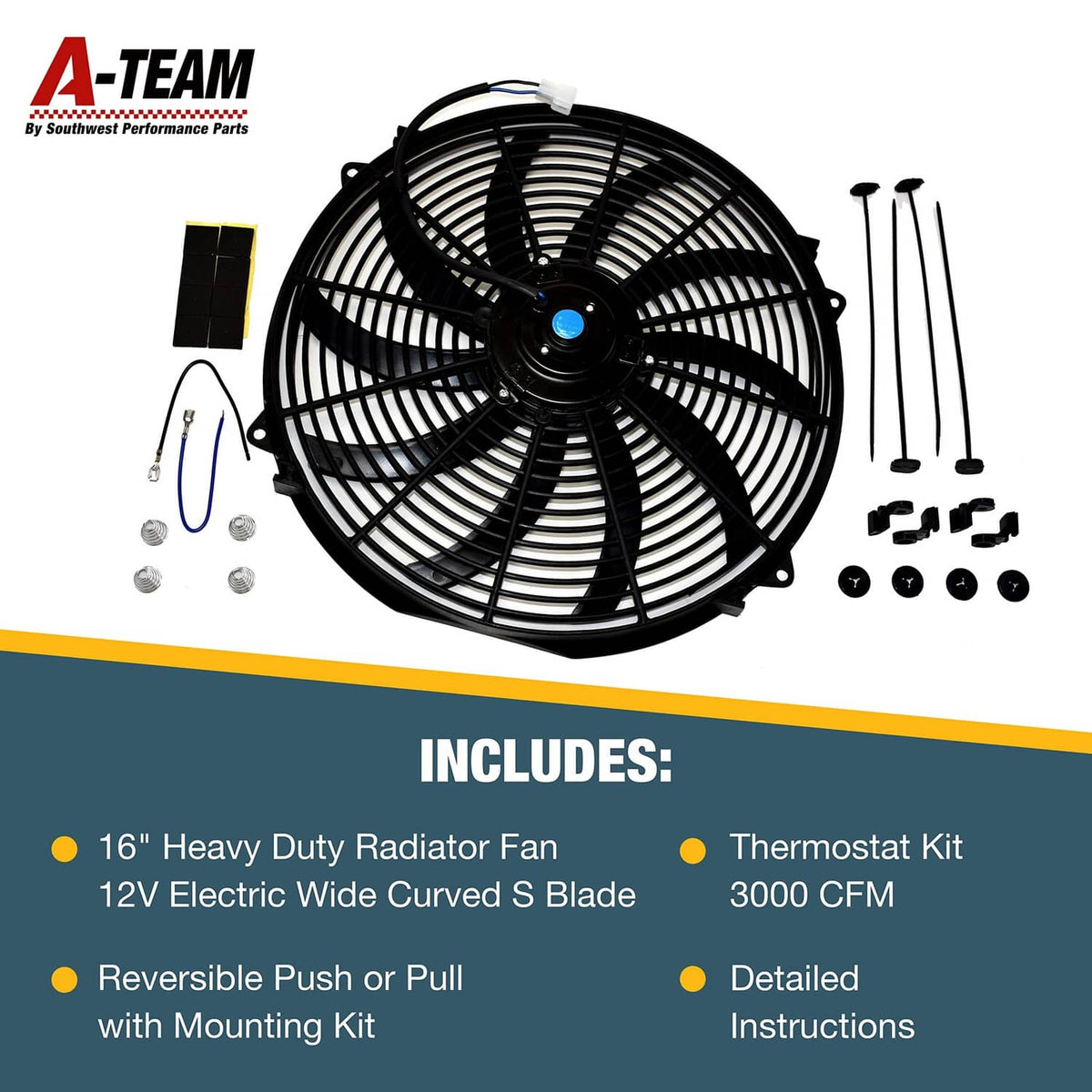 16 in electric radiator fan kit with reversible push-pull setup and mounting hardware