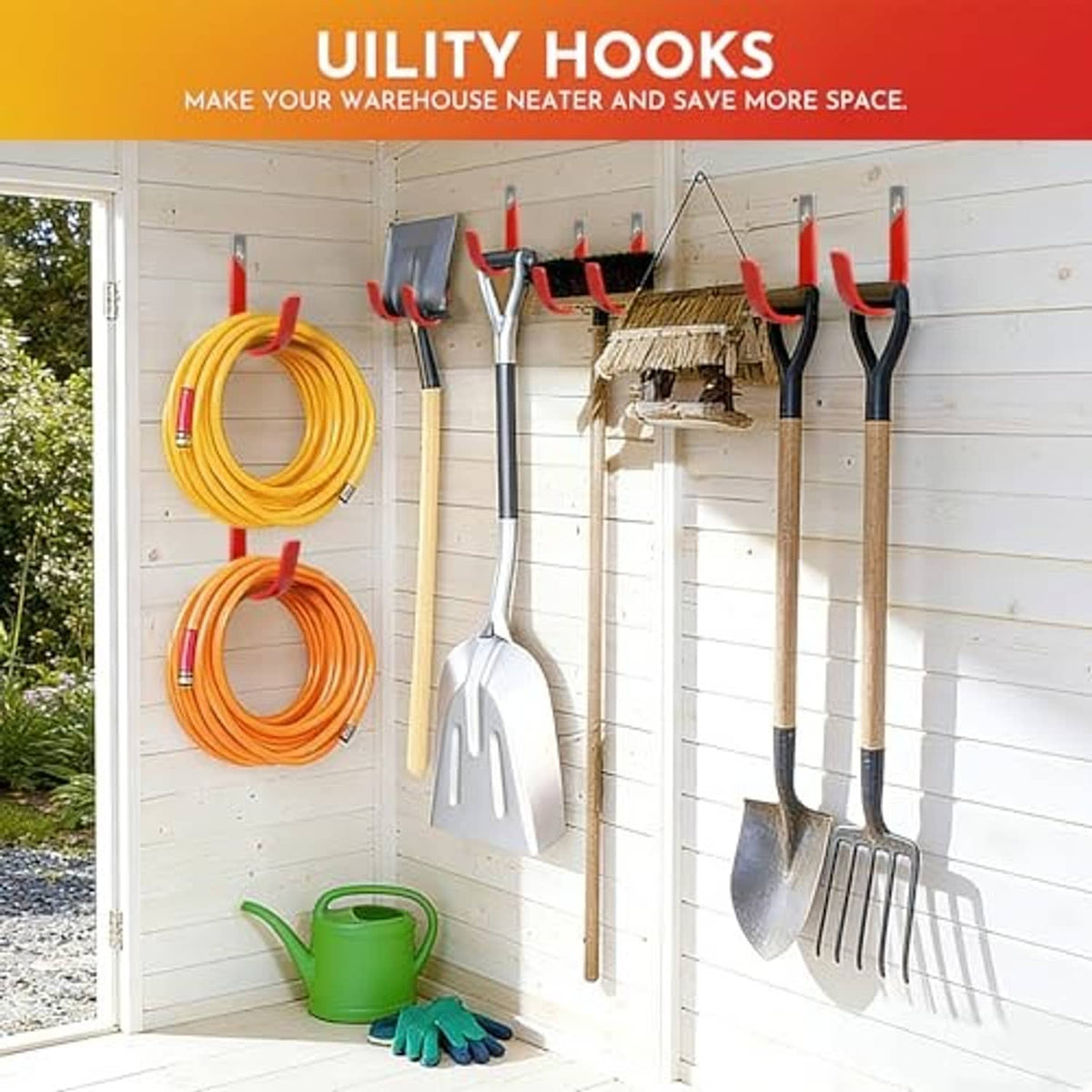 Garage wall hook set holding shovels and garden tools on a fence-style panel