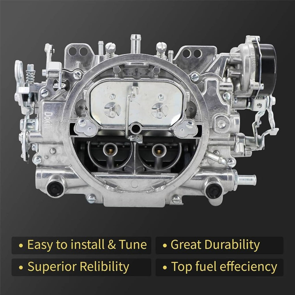 Four-barrel carburetor with electric choke, chrome aluminum body, centered front view.