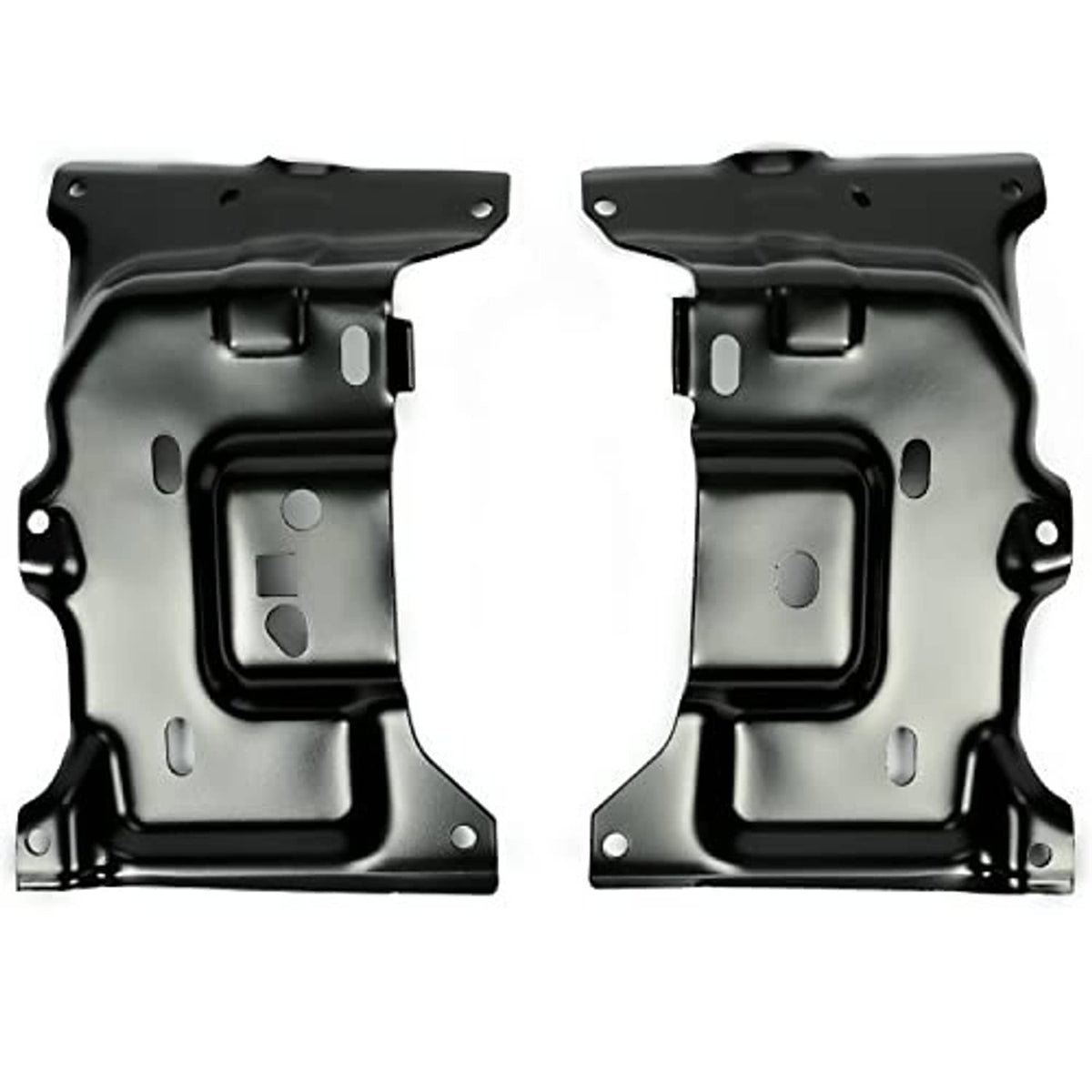 Pair of black front bumper brackets with stamped recesses and bolt holes
