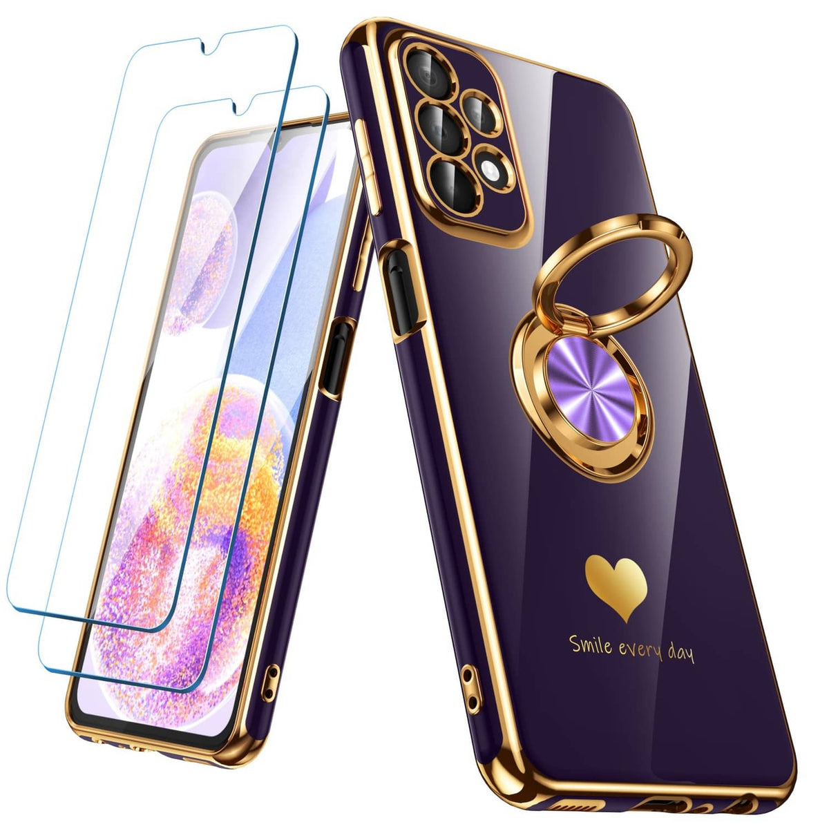 Purple Samsung Galaxy A23 case with gold ring holder and two screen protectors