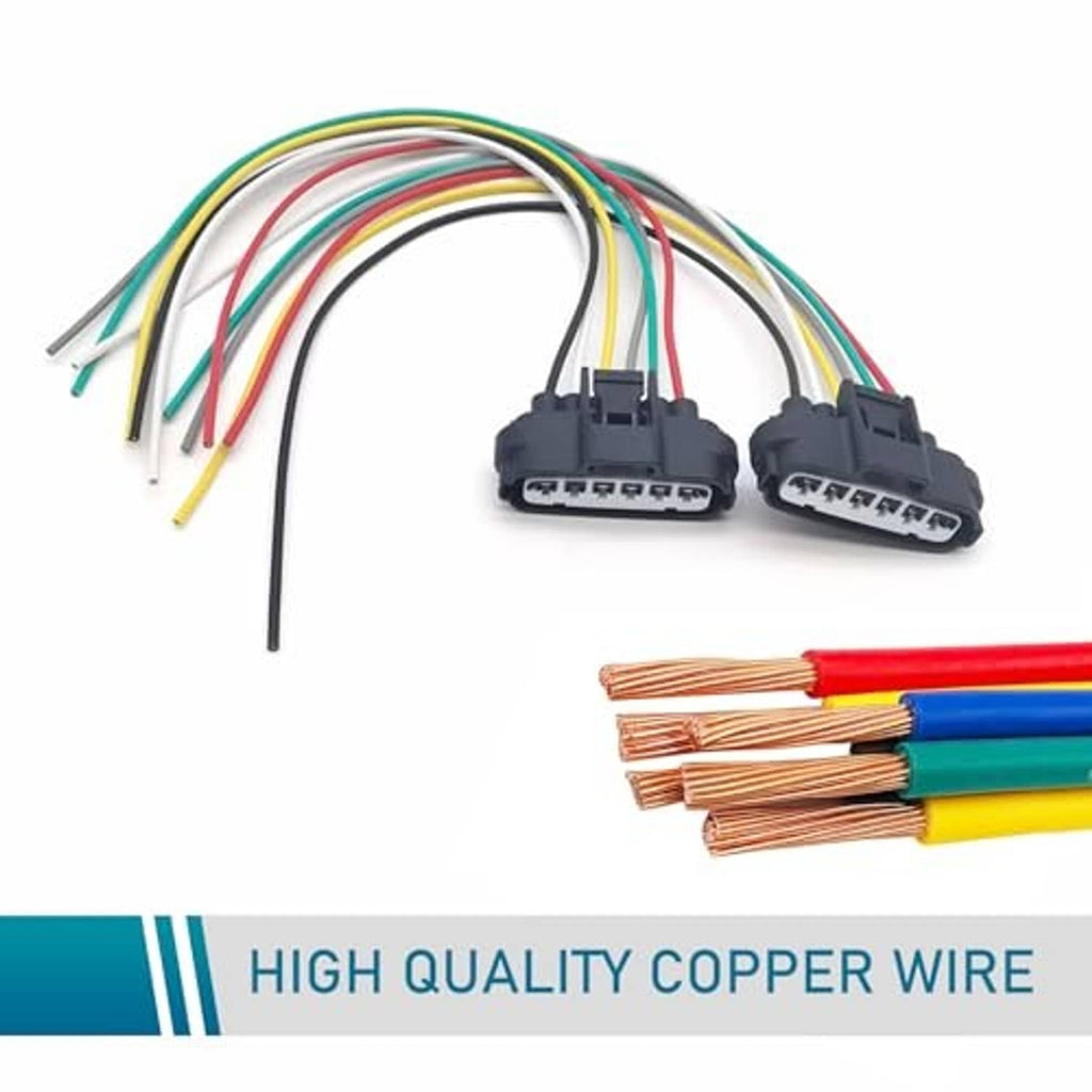Wire harness with two black 6-pin plugs, multicolor leads, and copper strands