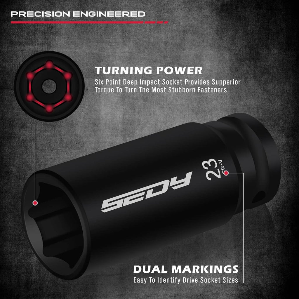 Black deep impact socket with size marking and 6-point drive opening
