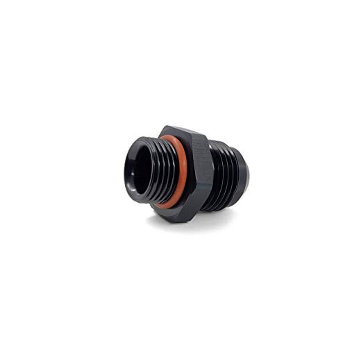 Straight male AN adapter with internal threaded opening, black hex body and orange O-ring