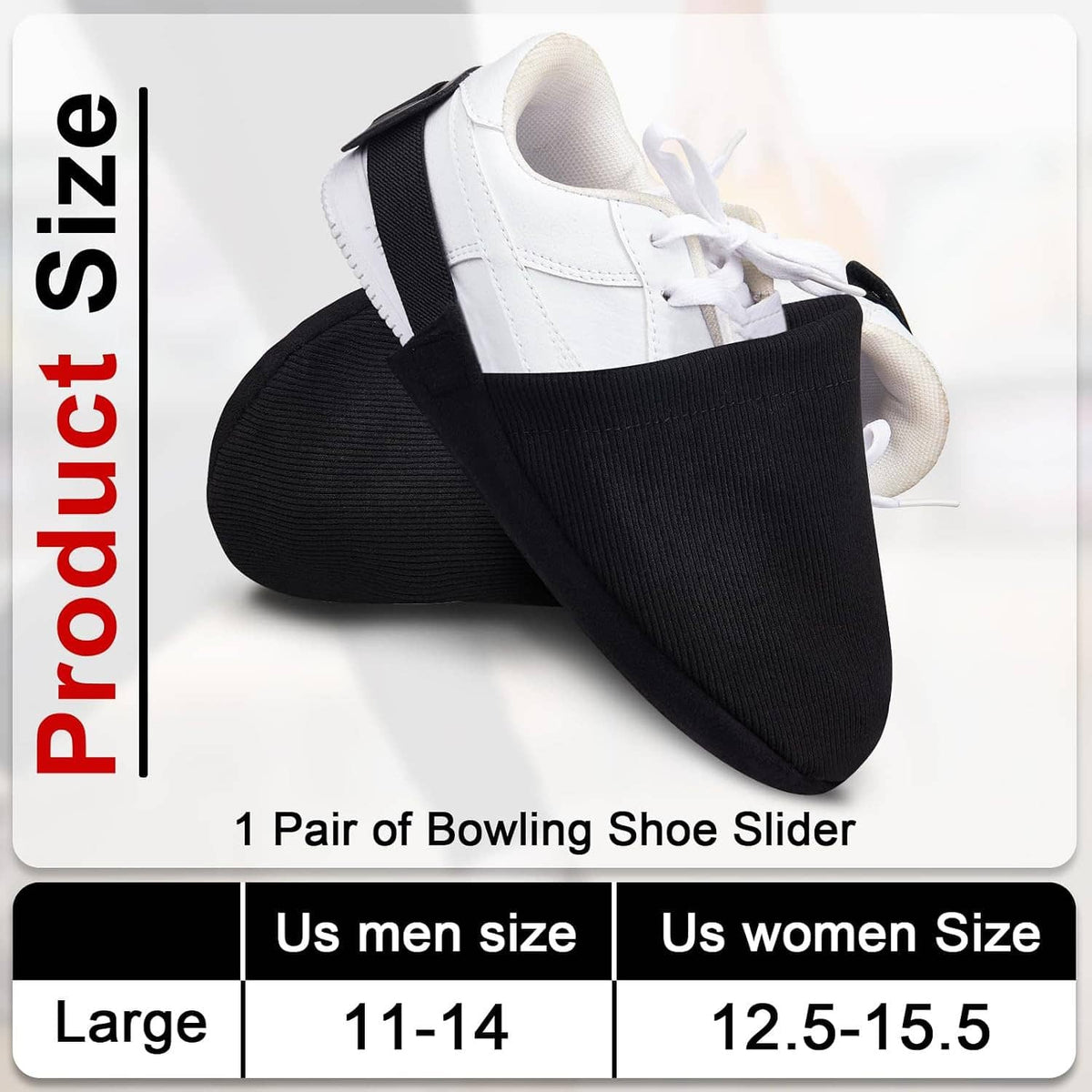 Pair of black bowling shoe slider sock covers with elastic strap over sneakers