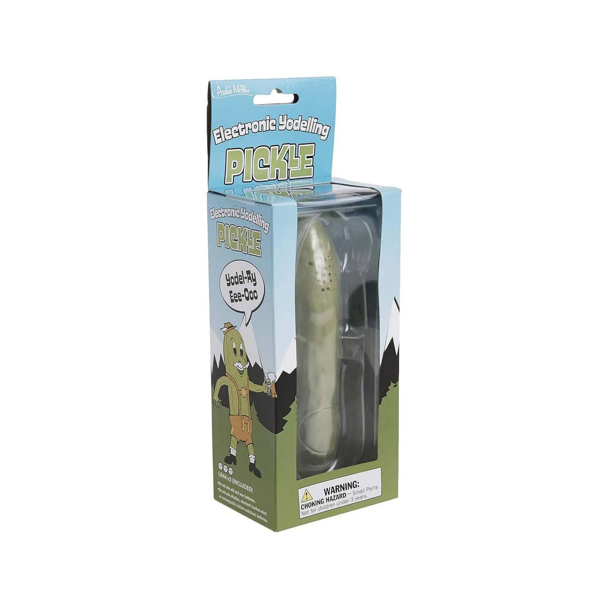 Electronic yodeling pickle toy in retail box, plastic clamshell packaging