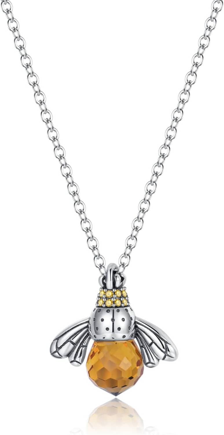 Sterling silver choker necklace with faceted crystal bee pendant, honey-yellow body, wings