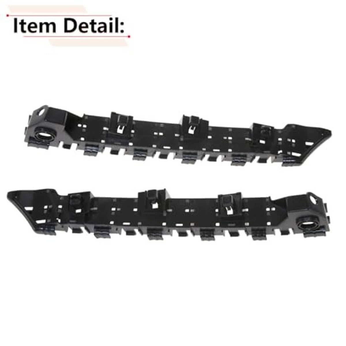 Black front bumper bracket pair with multiple mounting clips and holes