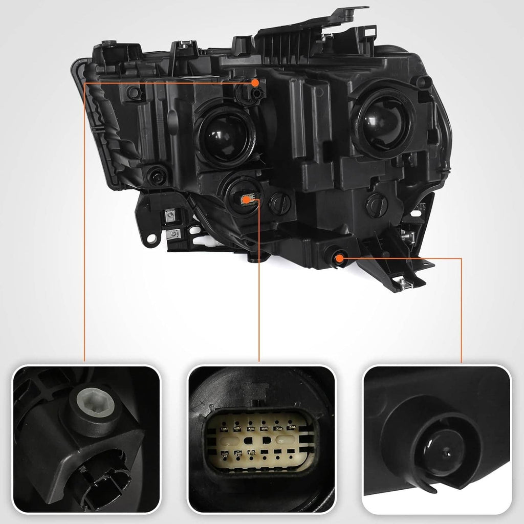 Right halogen headlight housing with rear mounting points and connector ports