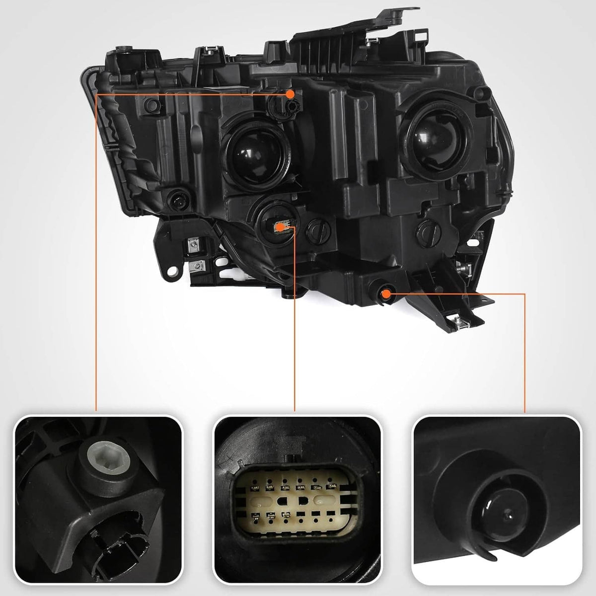 Right halogen headlight housing with rear mounting points and connector ports
