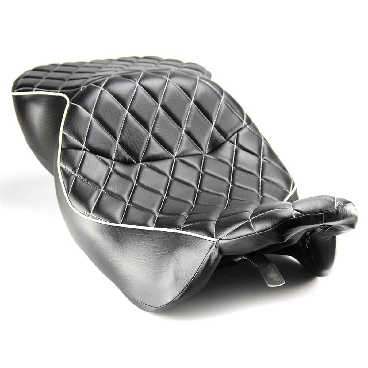 Black motorcycle seat with diamond stitching, padded back, and rear mounting tab