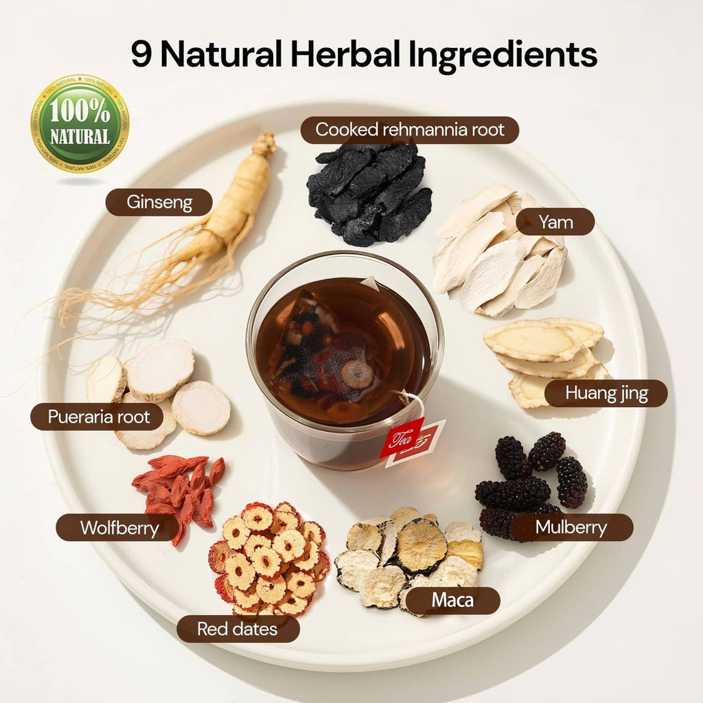 Herbal tea ingredients assortment: ginseng, yam, wolfberry, mulberry, maca, dates