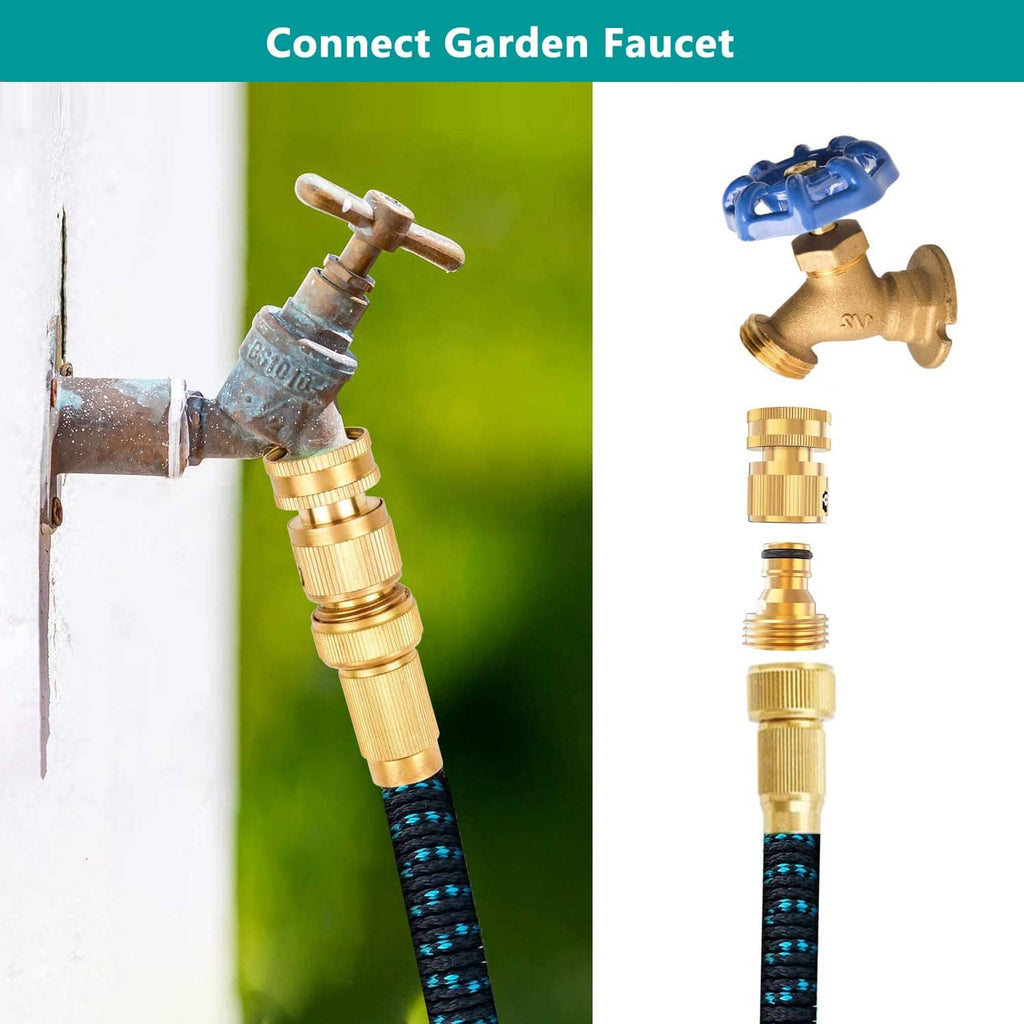 Solid brass quick connector fitting connected to a garden faucet and hose