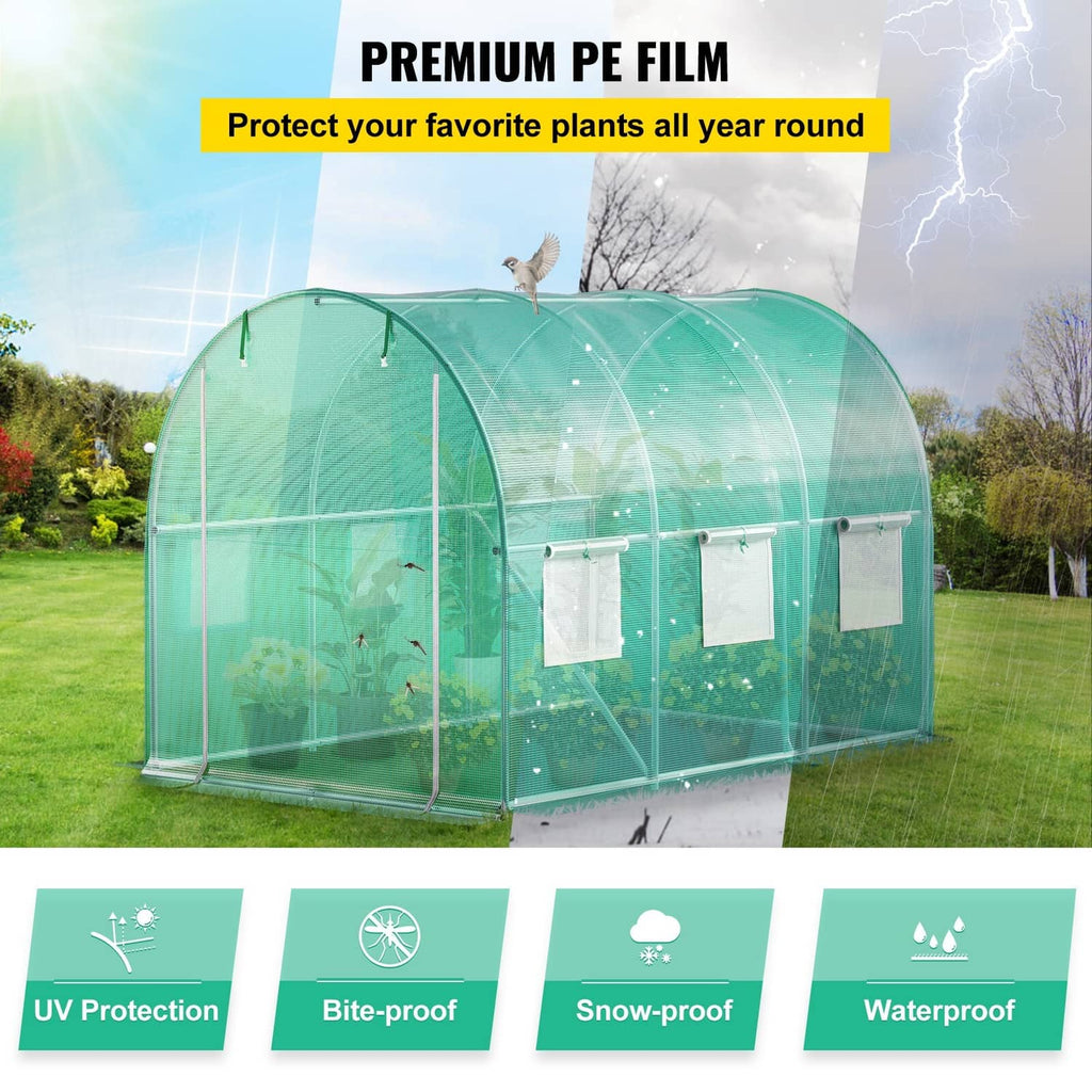 Green tunnel greenhouse with clear UV-protected plastic film and side window panels