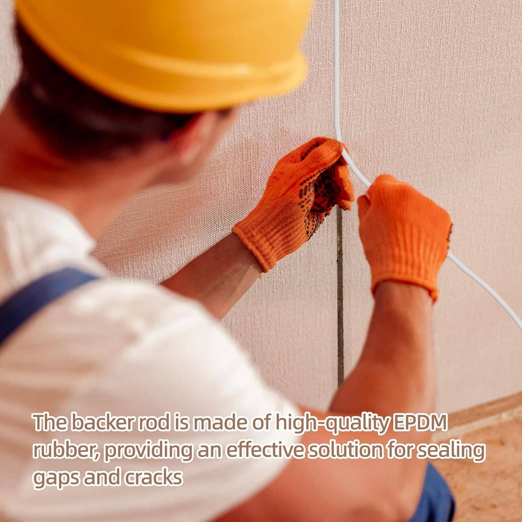 White backer rod being pressed into a narrow gap between wall tiles.