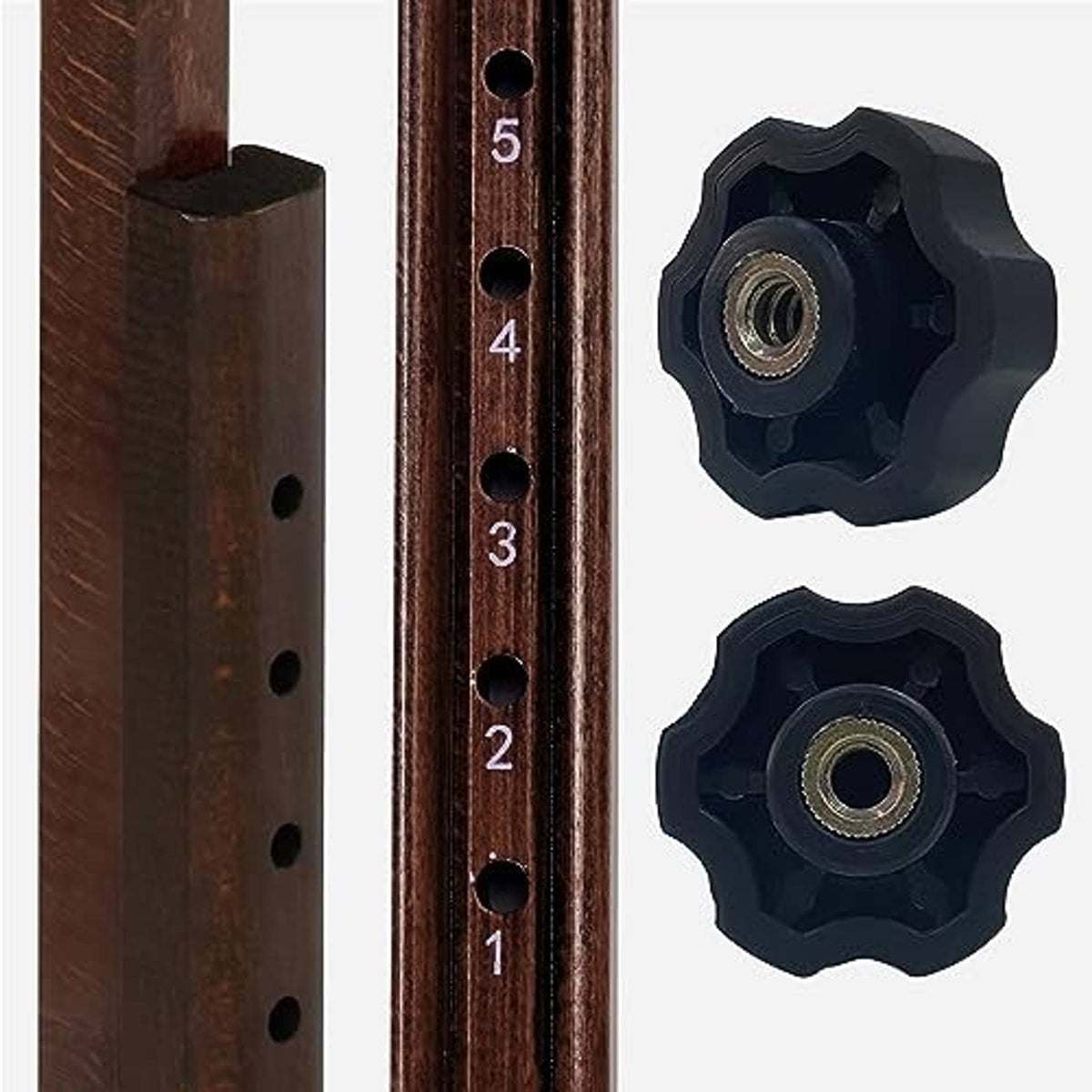 Walnut leg frame with numbered adjustment holes and black knobs